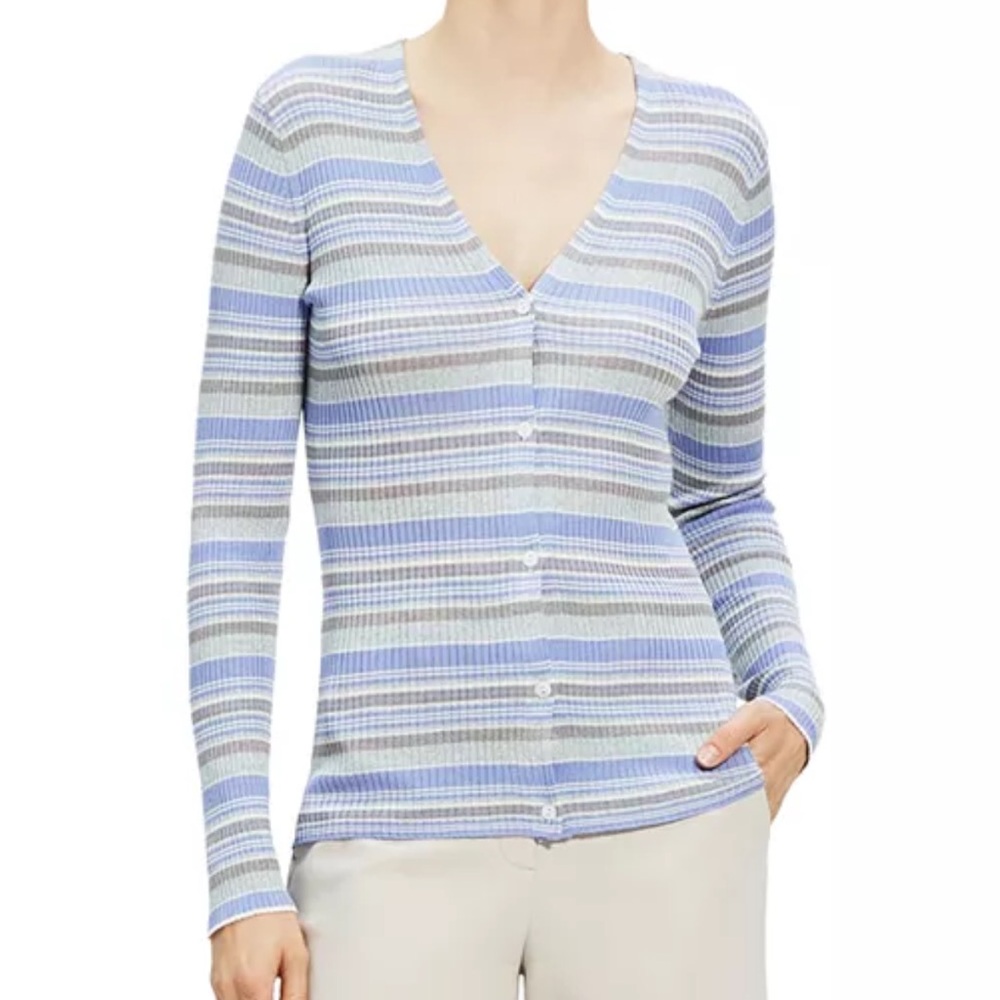 Theory Regatta Multi Stripe Washable Silk Button Cardigan Mock Neck Set Large